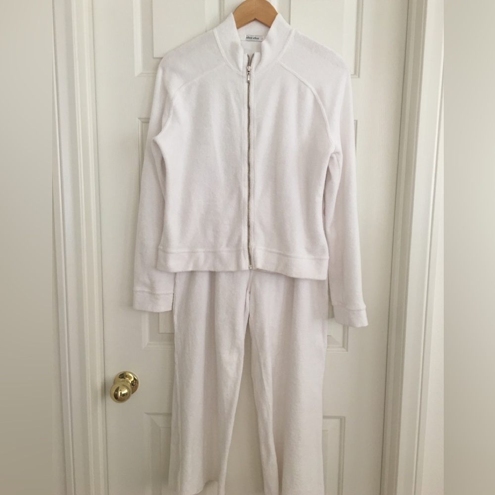 Allen Allen Womens  White Jogger Track Suit Zip Up Jacket & Wide Leg Pant Small
